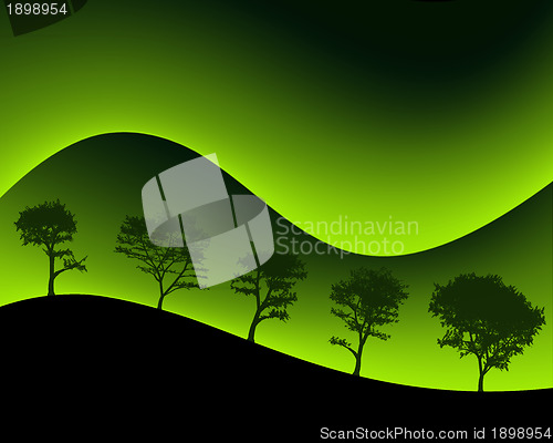 Image of Green Mountains and Silhouetted Trees