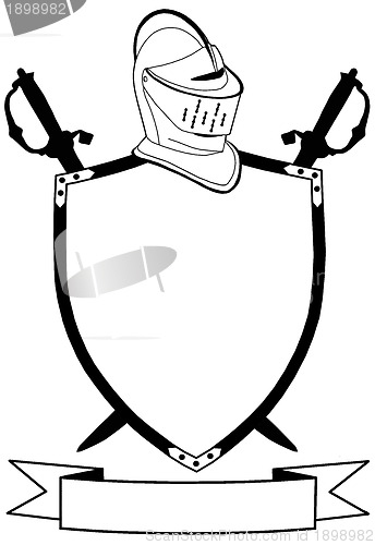 Image of Isolated 16th Century War Shield Swords Banner and Helmet