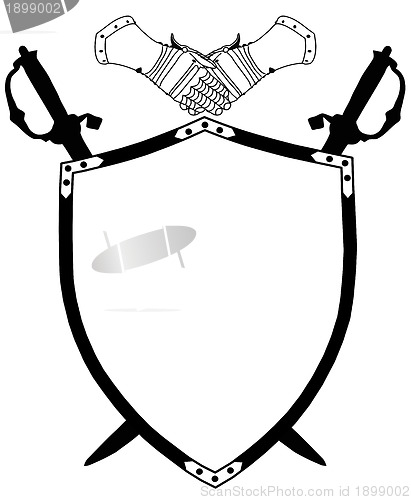 Image of Isolated 16th Century War Shield with Crossed Swords and Gloves