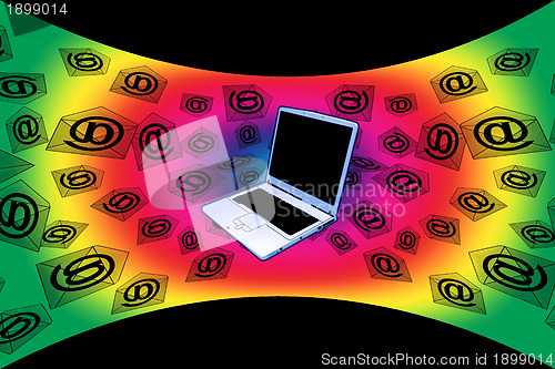 Image of 3D E-Mail Laptop Curved Rainbow Flying Messages