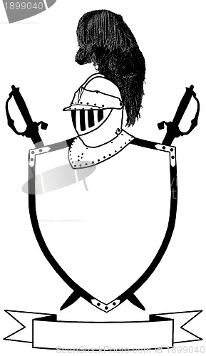 Image of Isolated 16th Century War Shield Swords Banner and Plumaged Helm