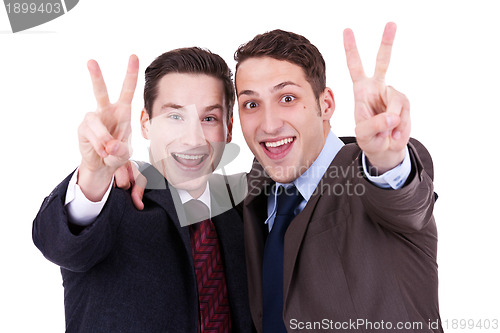 Image of  businessmen gesturing victory