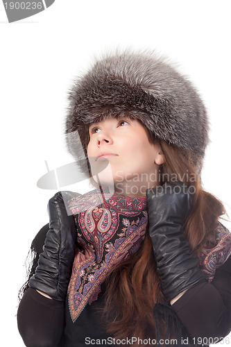 Image of Elegant woman in winter outfit