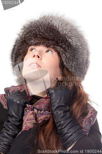 Image of Elegant woman in winter outfit