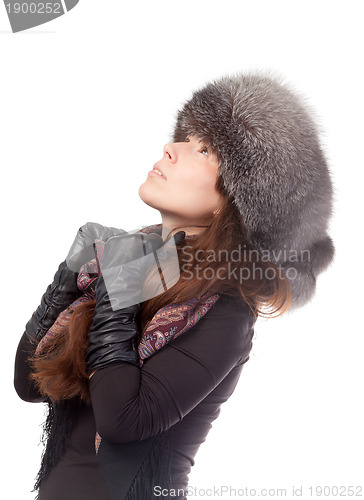 Image of Elegant woman in winter outfit