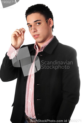 Image of Young man in a black jacket and glasses