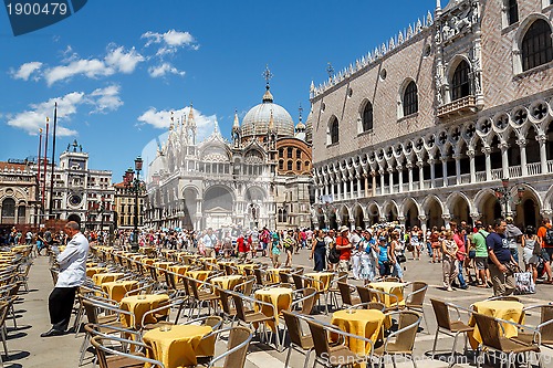 Image of 16. Jul 2012 - Street cafe waiting for tourist at St Mark square in Venice, Italy. 