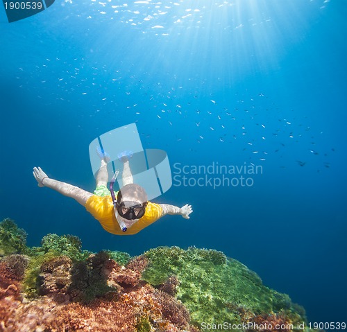 Image of Young explorer snorkeling underwater