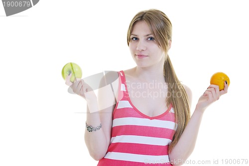 Image of happy  young  woman eat apple isolated  on white