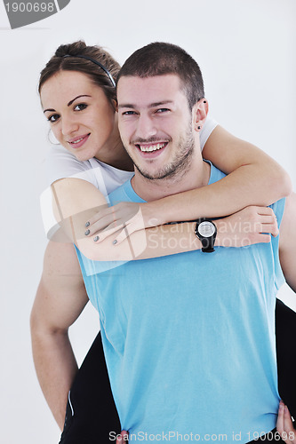 Image of happy young couple fitness workout and fun
