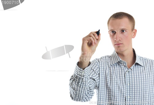 Image of handsome young business man touching screen isolated