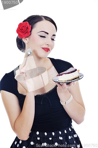 Image of pinup retro  woman with travel bag isolated