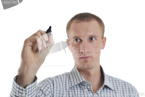 Image of handsome young business man touching screen isolated