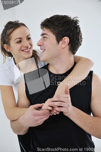 Image of happy young couple fitness workout and fun