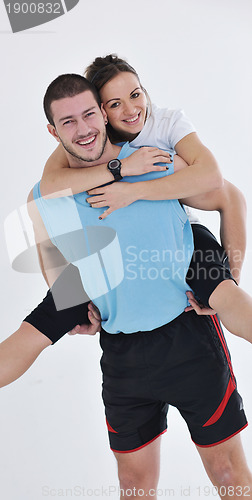 Image of happy young couple fitness workout and fun
