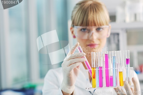 Image of female researcher holding up a test tube in lab