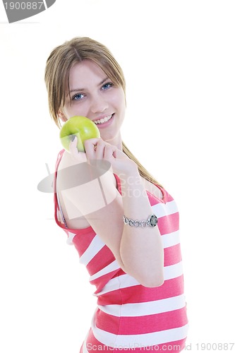 Image of happy  young  woman eat green apple isolated  on white
