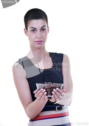 Image of young lady isoladet on white background hold tasty chocolate