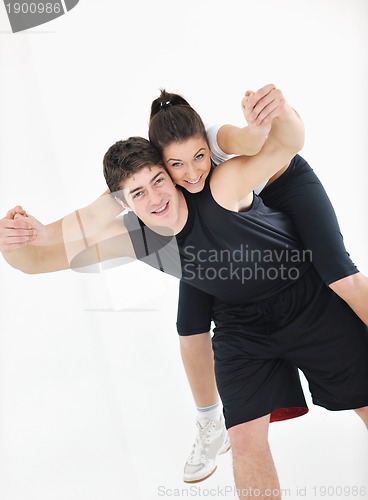 Image of happy young couple fitness workout and fun