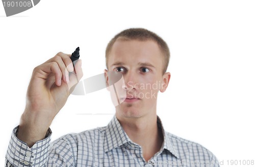 Image of handsome young business man touching screen isolated