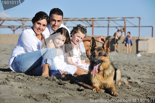 Image of happy family playing with dog on beach