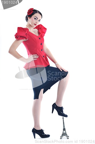 Image of beautiful young woman with paris symbol eiffel tower