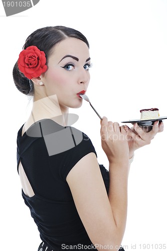 Image of pinup retro  woman with travel bag isolated