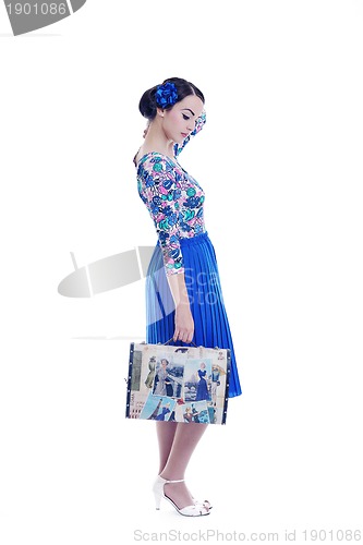 Image of pinup retro  woman with travel bag isolated