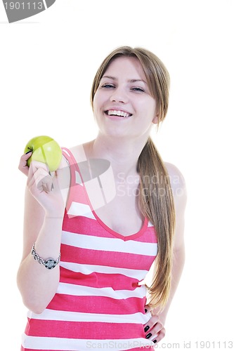 Image of happy  young  woman eat green apple isolated  on white