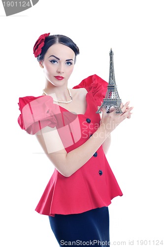 Image of beautiful young woman with paris symbol eiffel tower