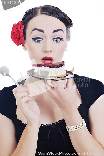 Image of pinup retro  woman with travel bag isolated