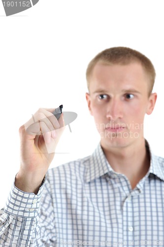 Image of handsome young business man touching screen isolated