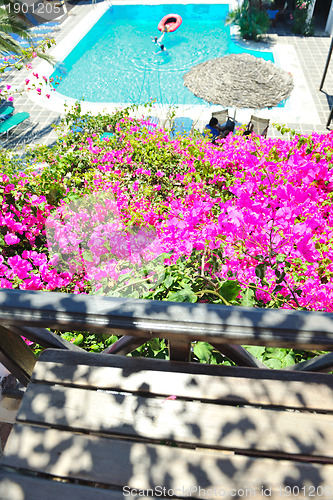 Image of romantic balcony with flowers and pool view