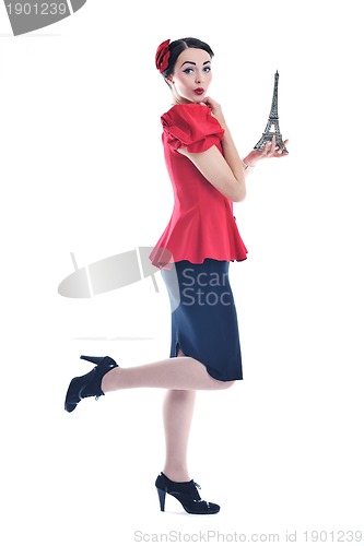 Image of beautiful young woman with paris symbol eiffel tower