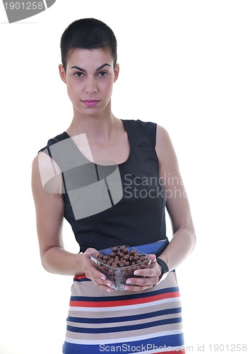 Image of young lady isoladet on white background hold tasty chocolate
