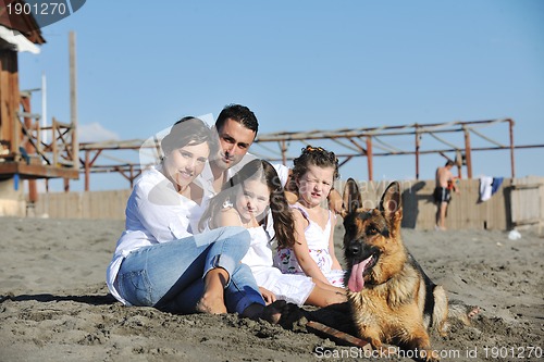 Image of happy family playing with dog on beach