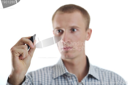 Image of handsome young business man touching screen isolated