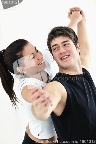 Image of happy young couple fitness workout and fun