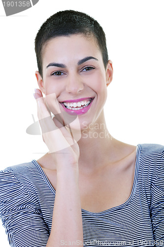 Image of brunette female  model posing isolated on white background