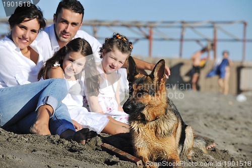 Image of happy family playing with dog on beach