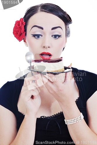 Image of pinup retro  woman with travel bag isolated