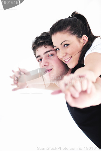 Image of happy young couple fitness workout and fun