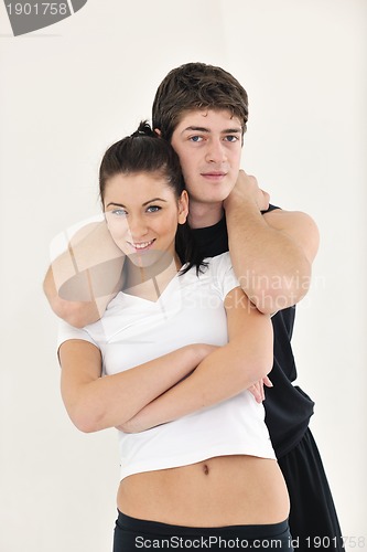 Image of happy young couple fitness workout and fun
