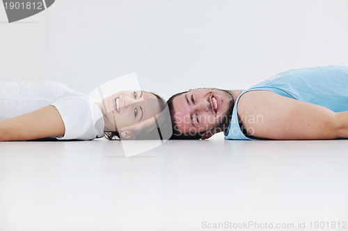 Image of happy young couple fitness workout and fun
