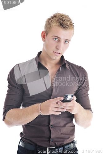 Image of one businessman with cellphone isolated on white