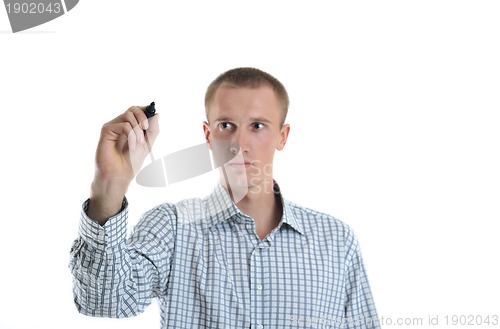 Image of handsome young business man touching screen isolated