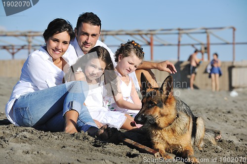 Image of happy family playing with dog on beach