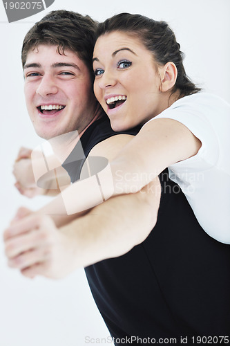 Image of happy young couple fitness workout and fun