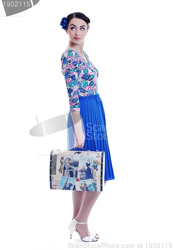 Image of pinup retro  woman with travel bag isolated