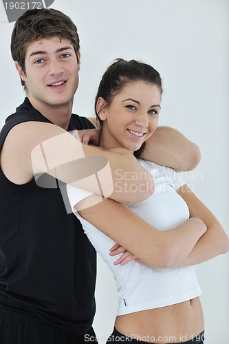 Image of happy young couple fitness workout and fun